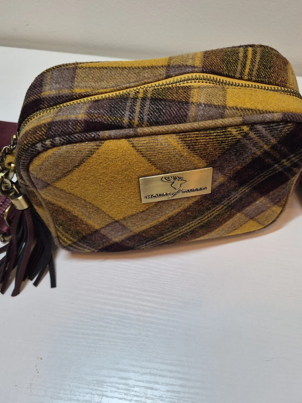 House of Tweed Plaid Wool Crossbody Bag - Mustard & Burgundy